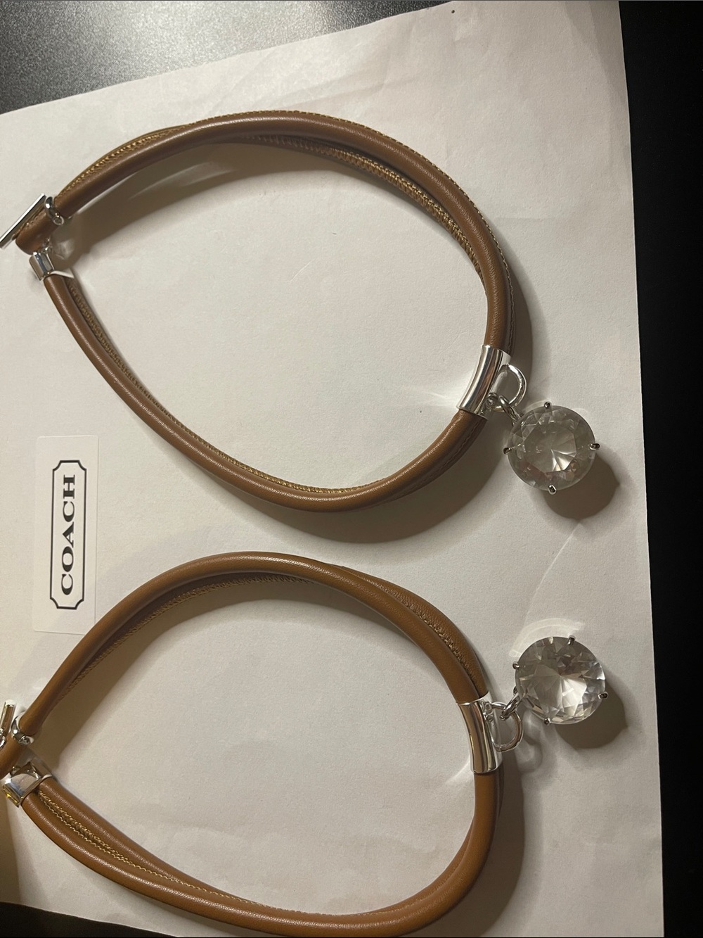 2 Coach Tan Choker Necklaces with Clear Crystal Charm